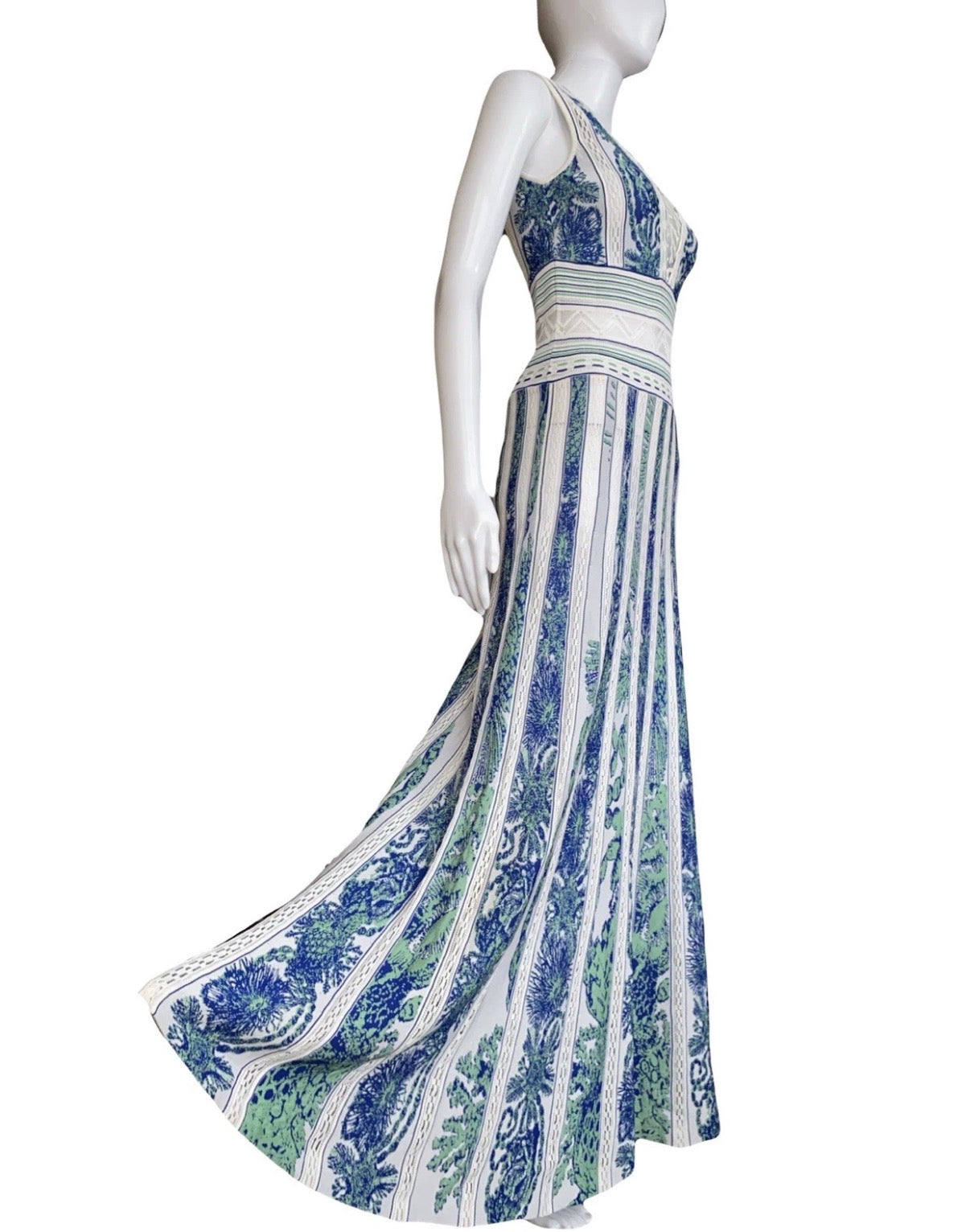 Roberto Cavalli Maxi Dress Blue White Knitted Coral Embroidery 42IT Resort 2018