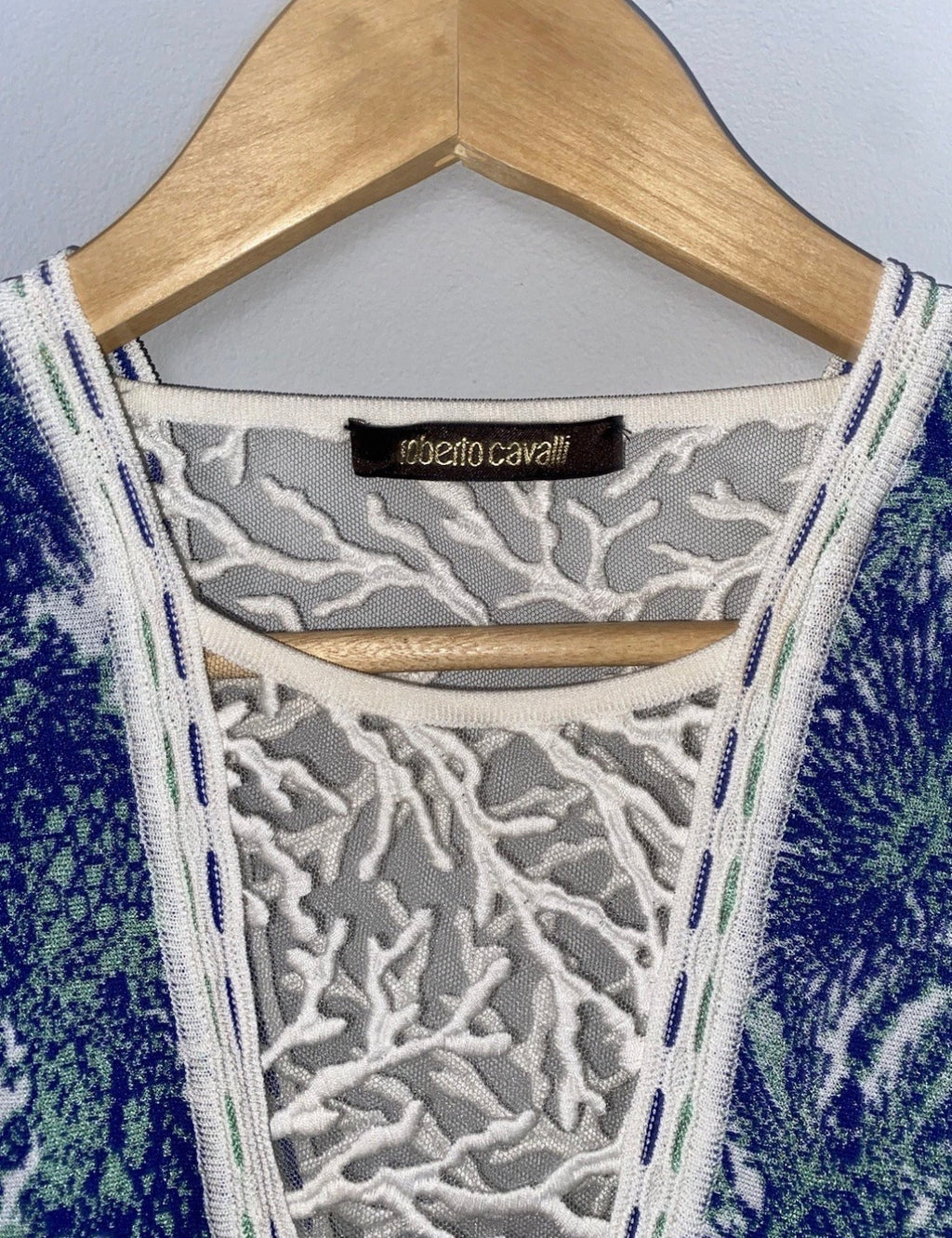 Roberto Cavalli Maxi Dress Blue White Knitted Coral Embroidery 42IT Resort 2018