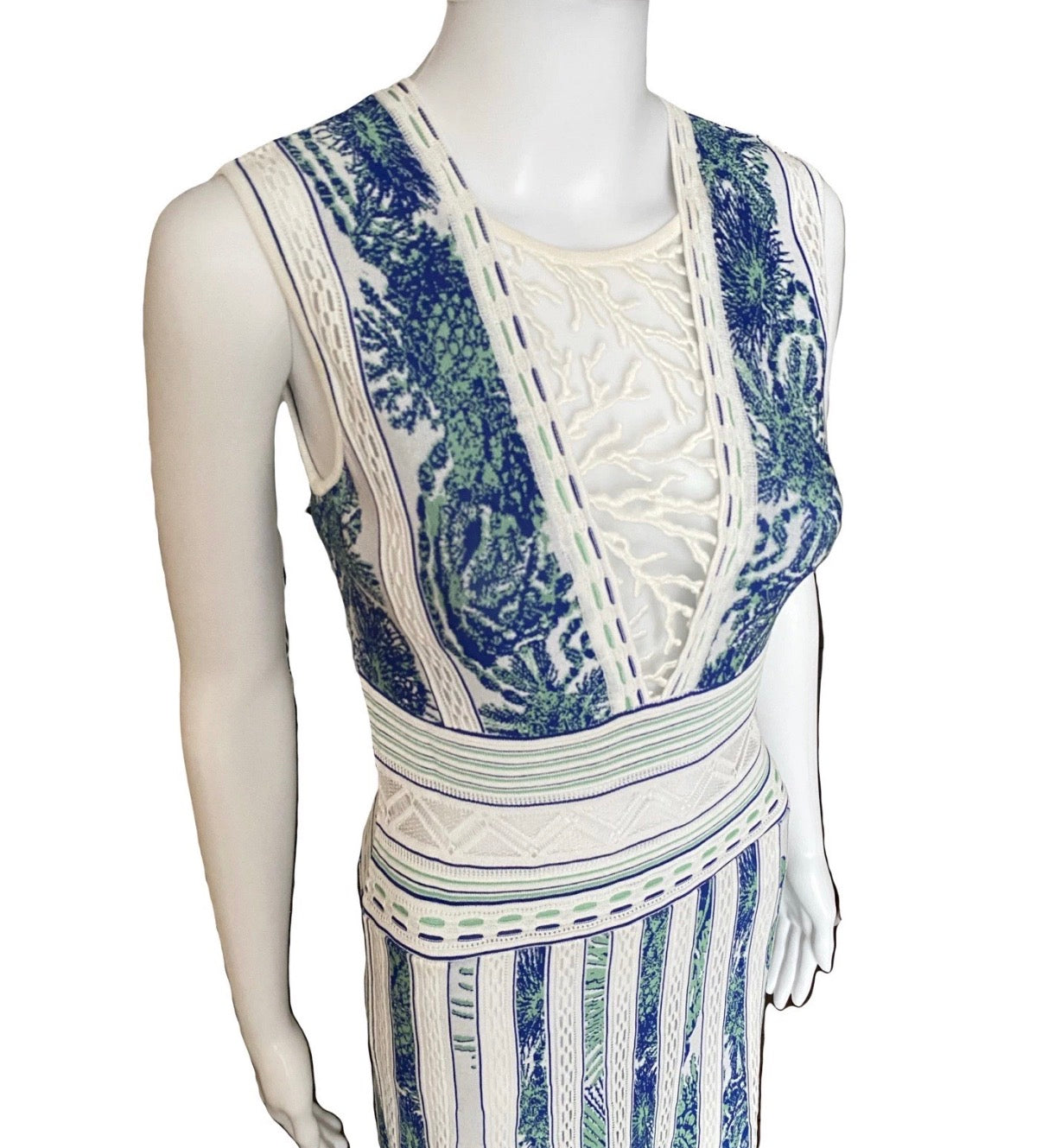 Roberto Cavalli Maxi Dress Blue White Knitted Coral Embroidery 42IT Resort 2018