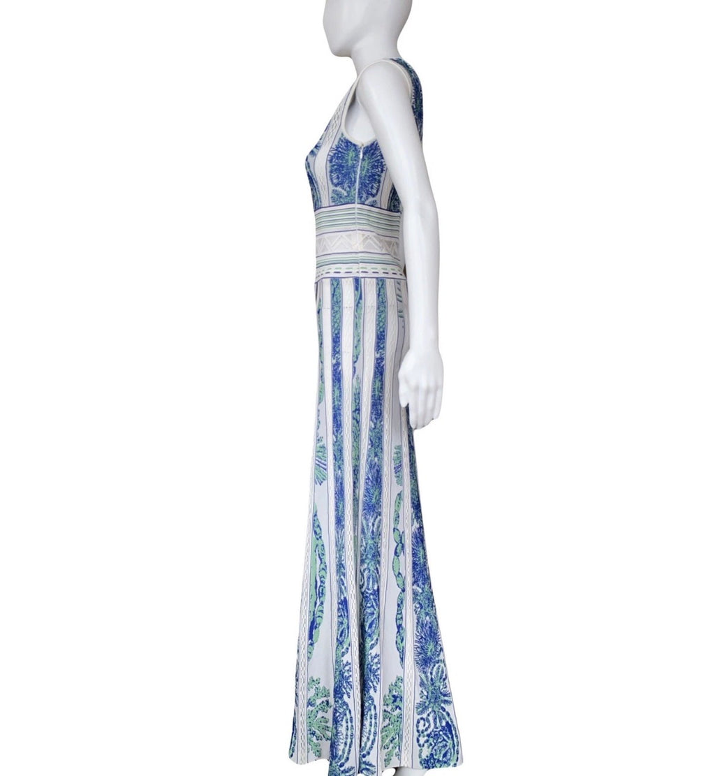 Roberto Cavalli Maxi Dress Blue White Knitted Coral Embroidery 42IT Resort 2018