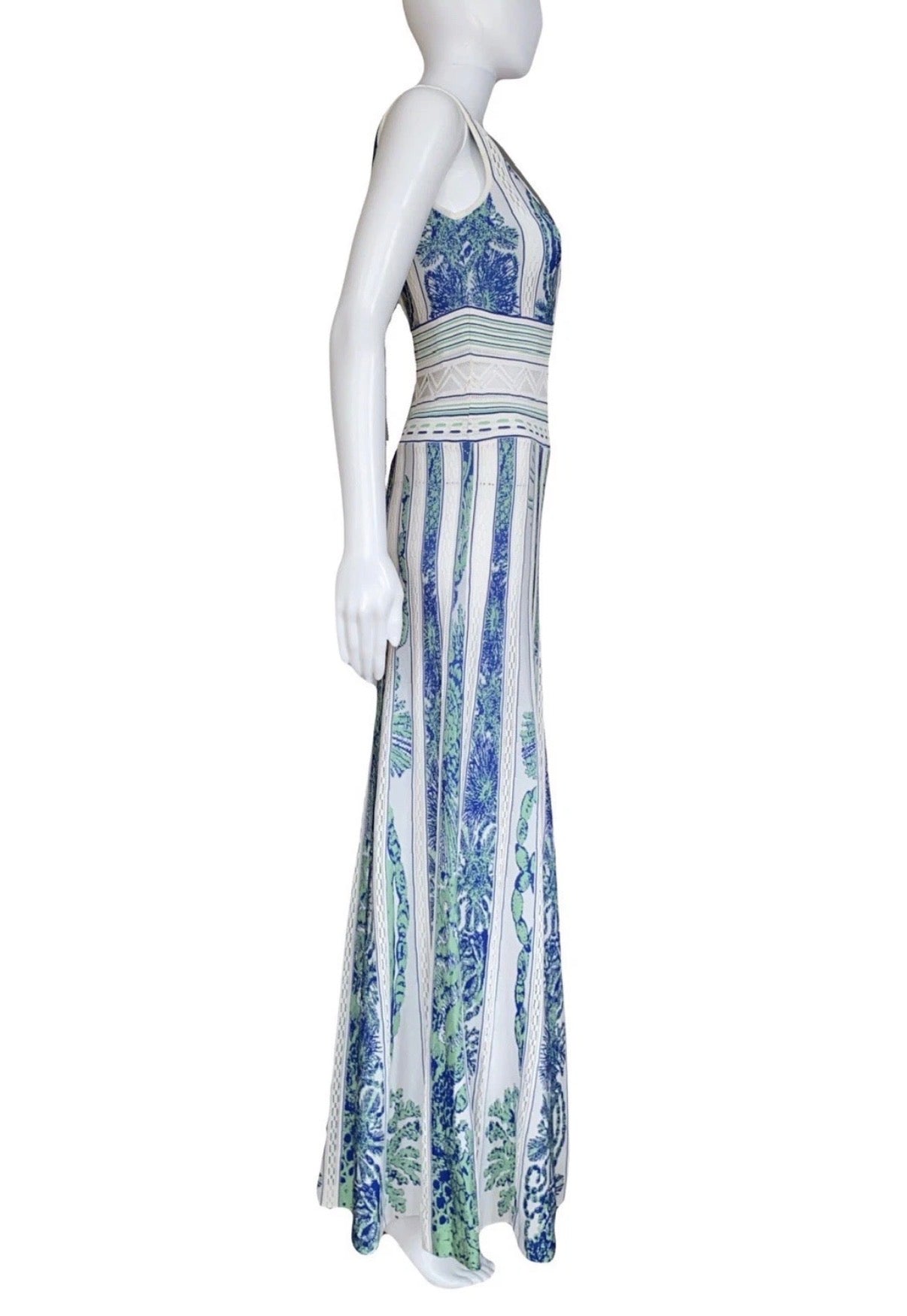 Roberto Cavalli Maxi Dress Blue White Knitted Coral Embroidery 42IT Resort 2018