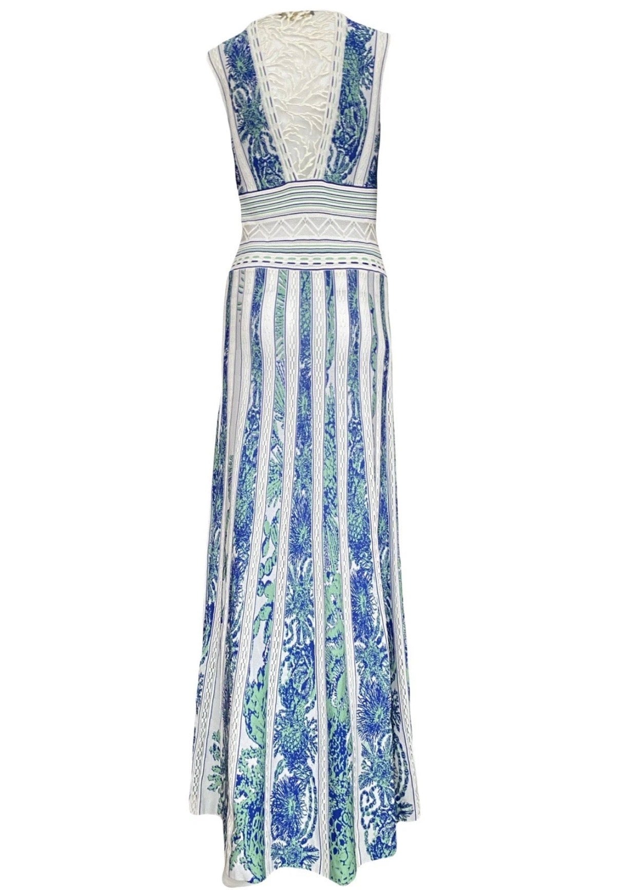 Roberto Cavalli Maxi Dress Blue White Knitted Coral Embroidery 42IT Resort 2018