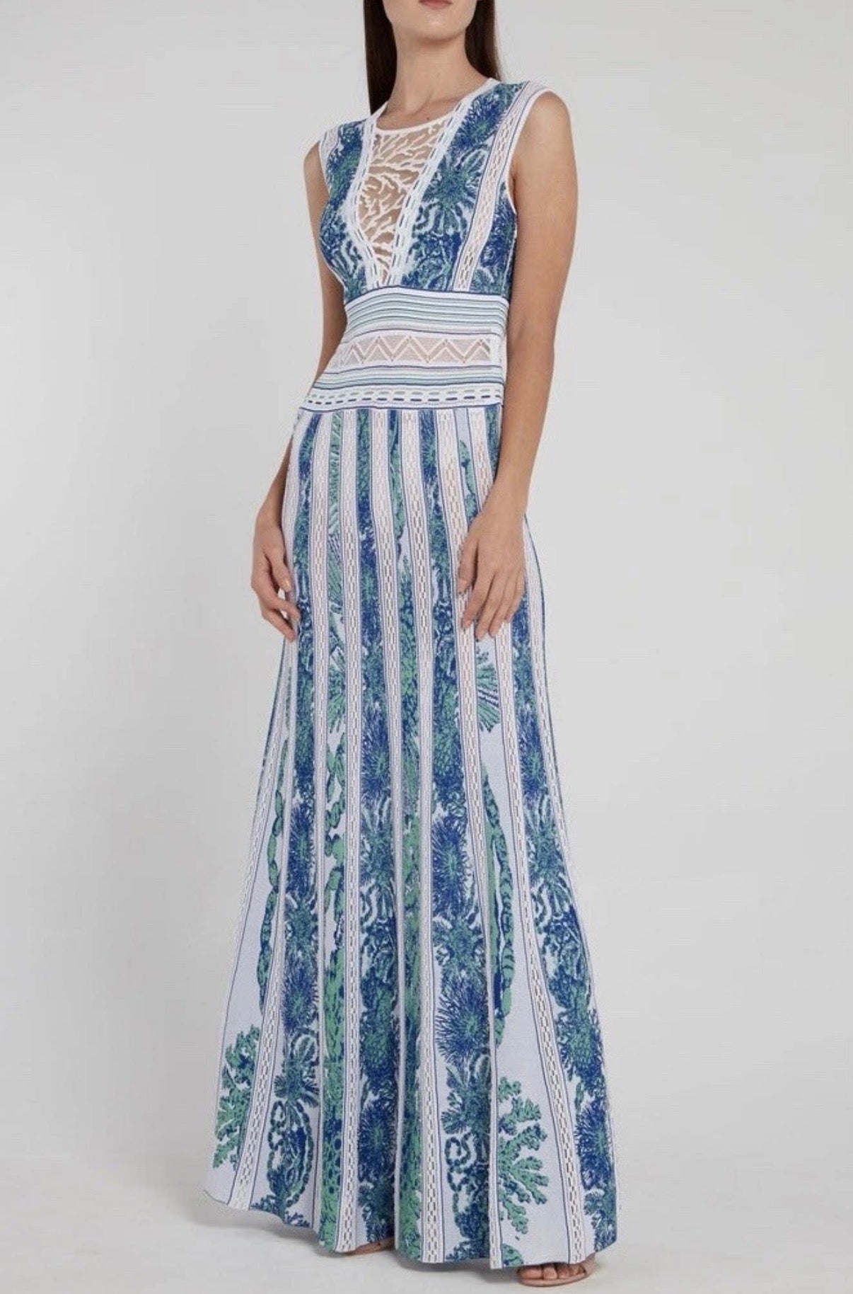 Roberto Cavalli Maxi Dress Blue White Knitted Coral Embroidery 42IT Resort 2018