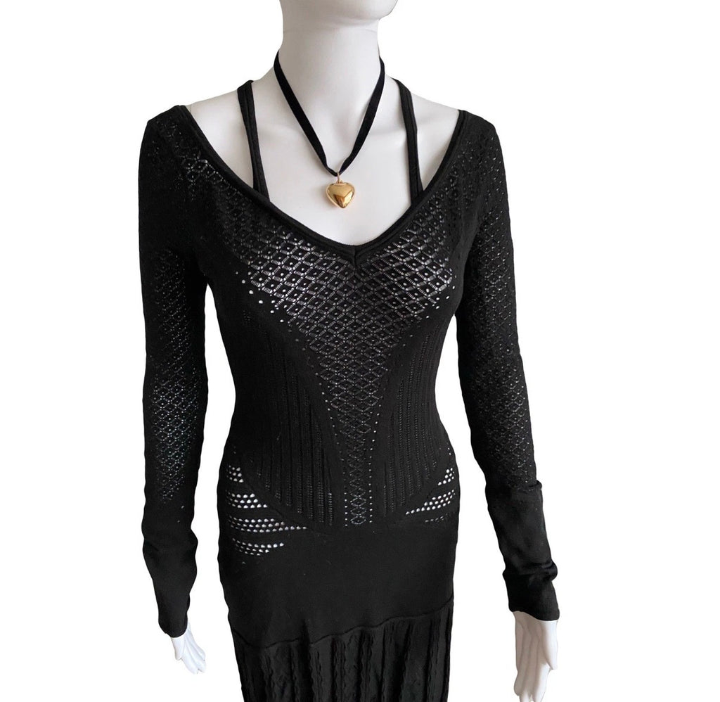 Roberto Cavalli Black Maxi Dress Crochet Knitted Style 42IT