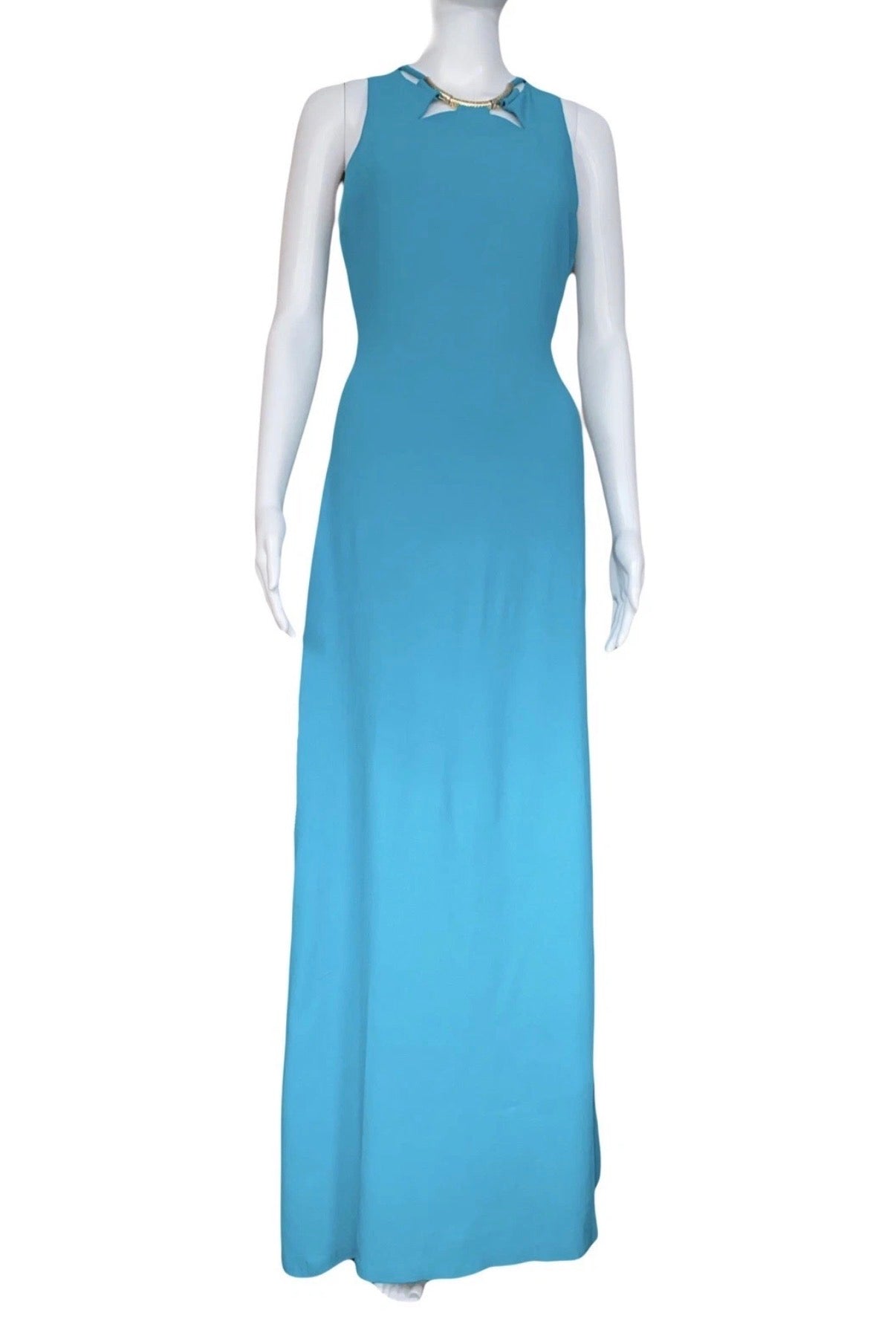 Roberto Cavalli Evening Maxi Dress Turquoise Blue Gold Tone Embellishment S