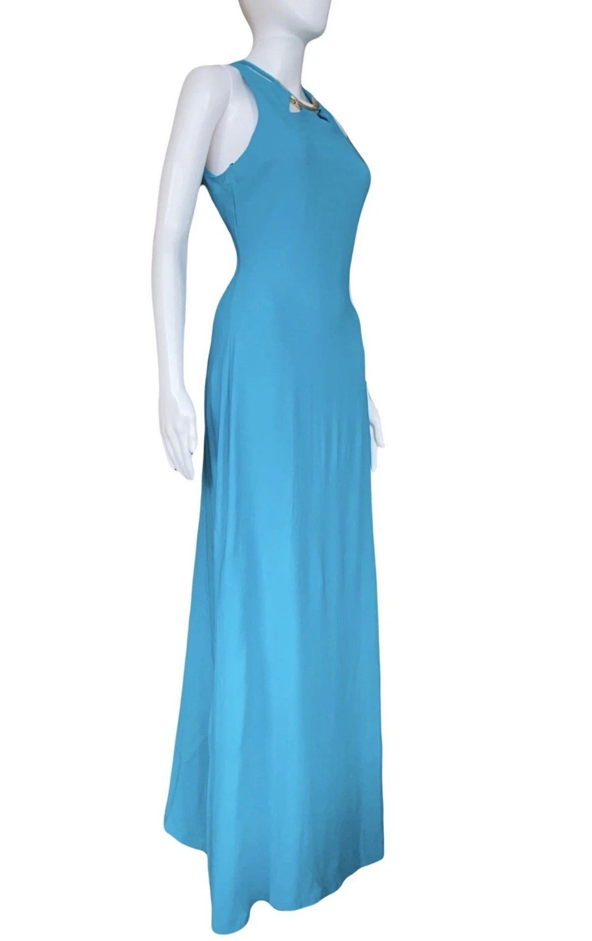 Roberto Cavalli Evening Maxi Dress Turquoise Blue Gold Tone Embellishment S