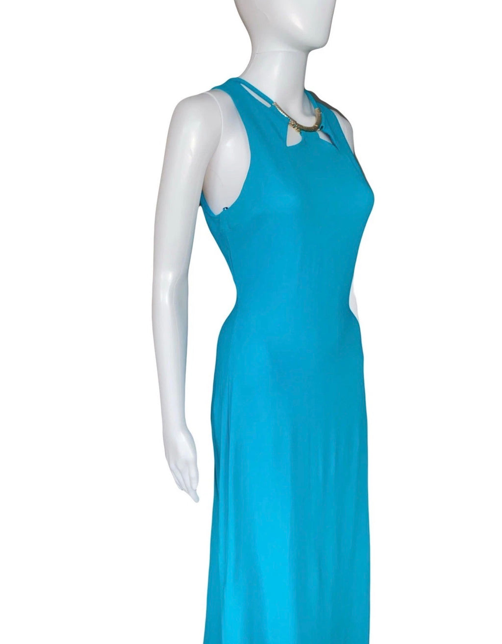 Roberto Cavalli Evening Maxi Dress Turquoise Blue Gold Tone Embellishment S