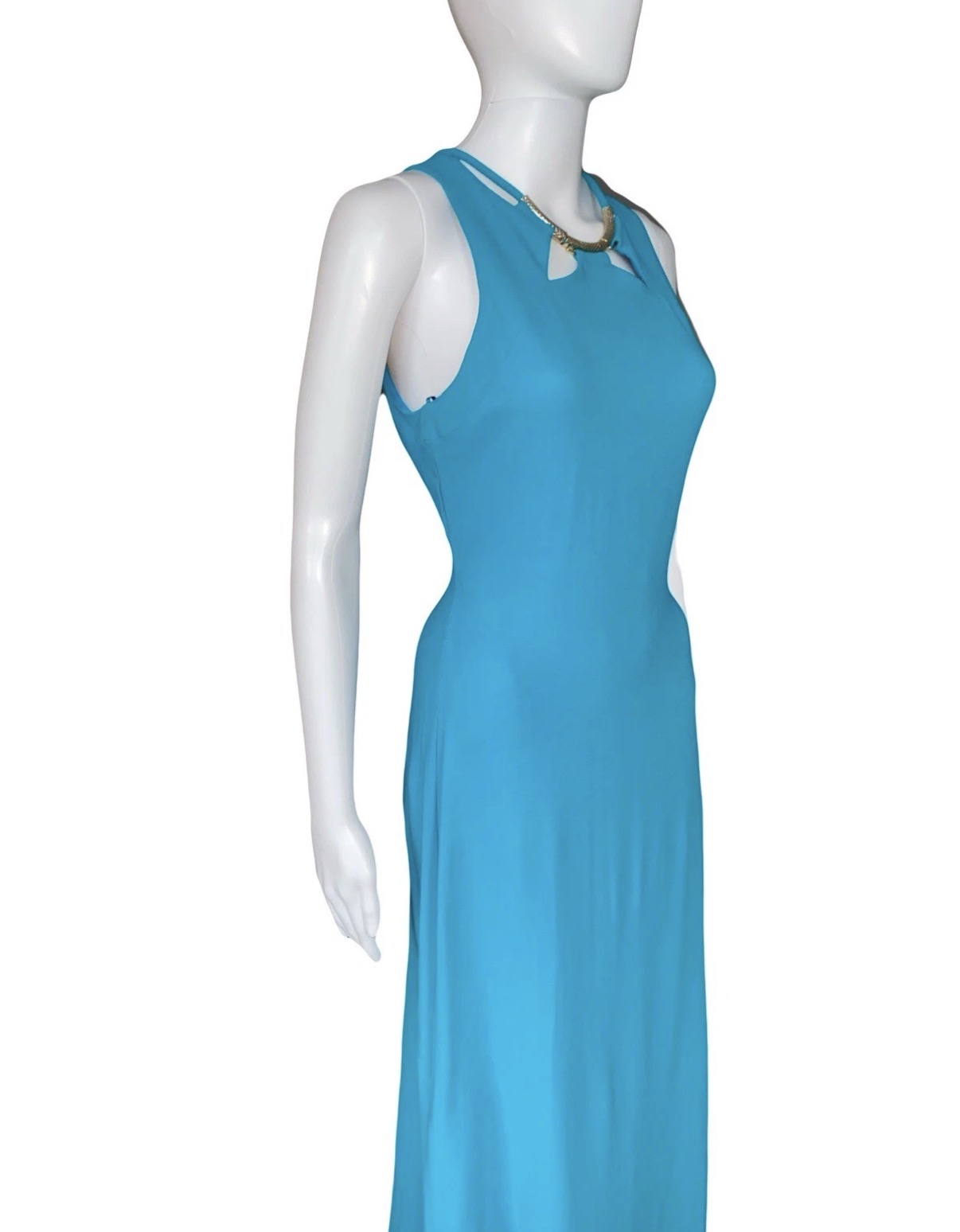 Roberto Cavalli Evening Maxi Dress Turquoise Blue Gold Tone Embellishment S