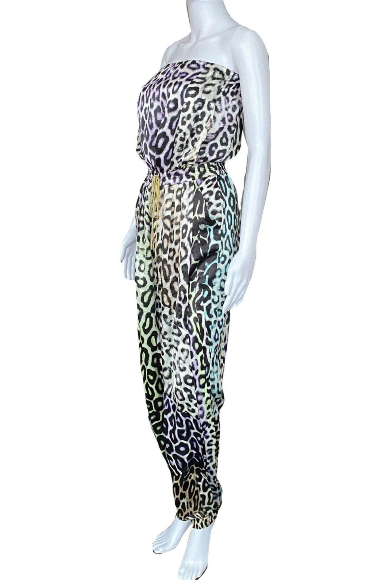 Just Cavalli Silk Jumpsuit Leopard Print Multicoloured 42IT Tie Up Waist.