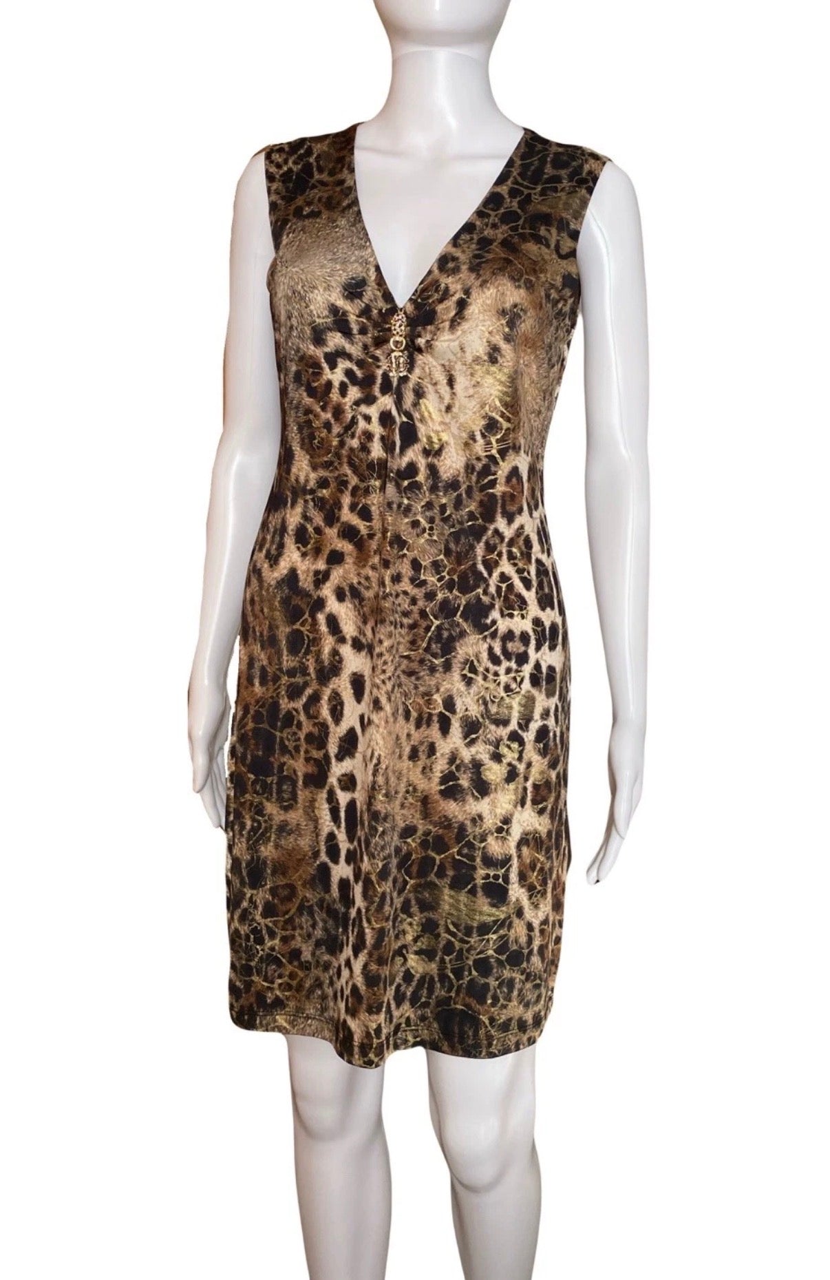 Roberto Cavalli Leopard Print Dress Gold Metallic Shimmer Design XL V-neck