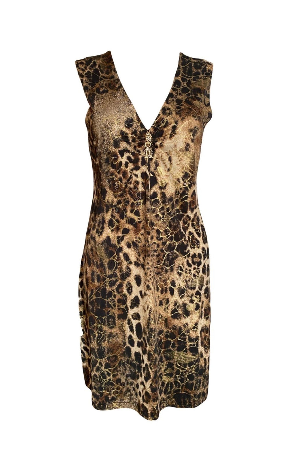 Roberto Cavalli Leopard Print Dress Gold Metallic Shimmer Design XL V-neck