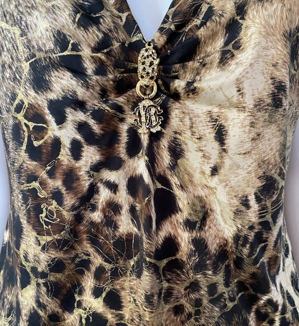 Roberto Cavalli Leopard Print Dress Gold Metallic Shimmer Design XL V-neck