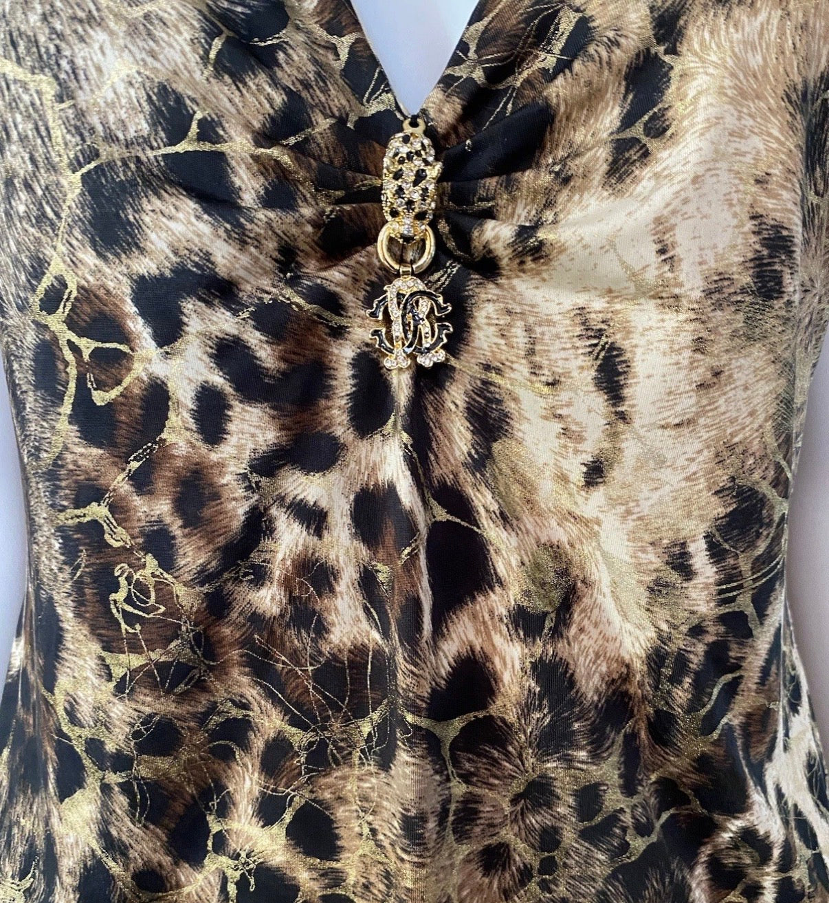 Roberto Cavalli Leopard Print Dress Gold Metallic Shimmer Design XL V-neck