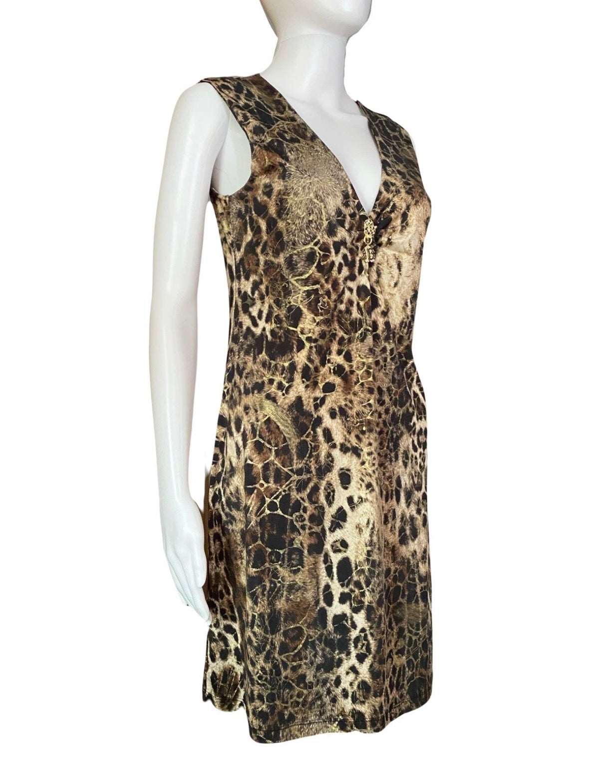 Roberto Cavalli Leopard Print Dress Gold Metallic Shimmer Design XL V-neck