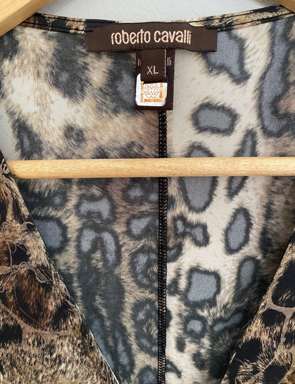 Roberto Cavalli Leopard Print Dress Gold Metallic Shimmer Design XL V-neck