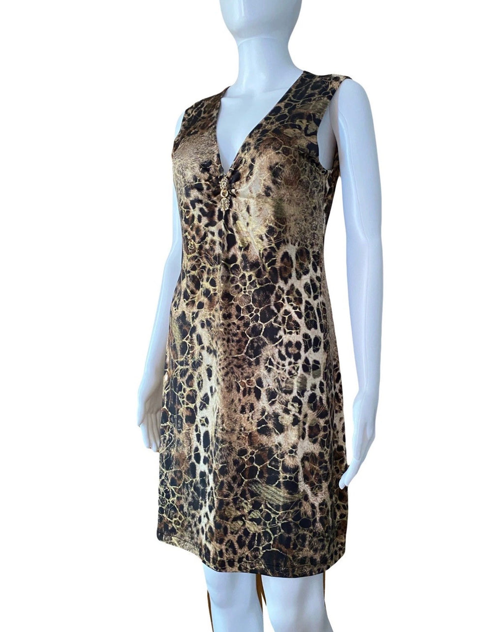 Roberto Cavalli Leopard Print Dress Gold Metallic Shimmer Design XL V-neck