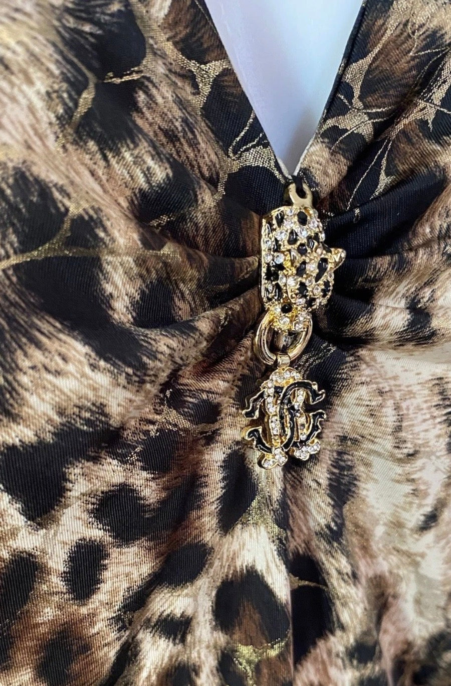 Roberto Cavalli Leopard Print Dress Gold Metallic Shimmer Design XL V-neck