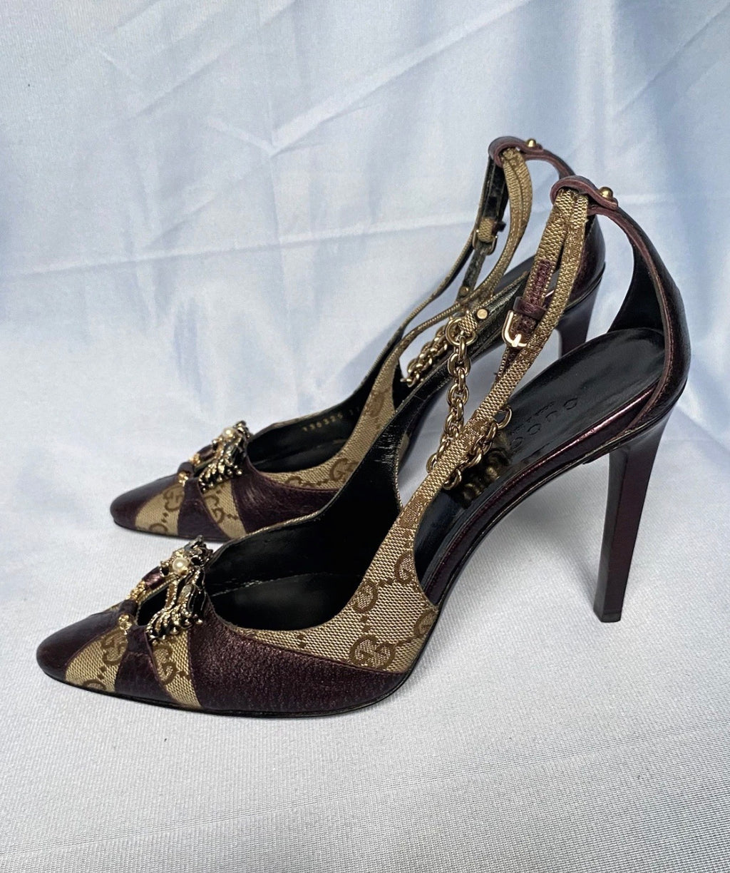 Gucci Dragon Heels Fall/2004 by Tom Ford Era Burgundy Leather GG Canvas Swarovski