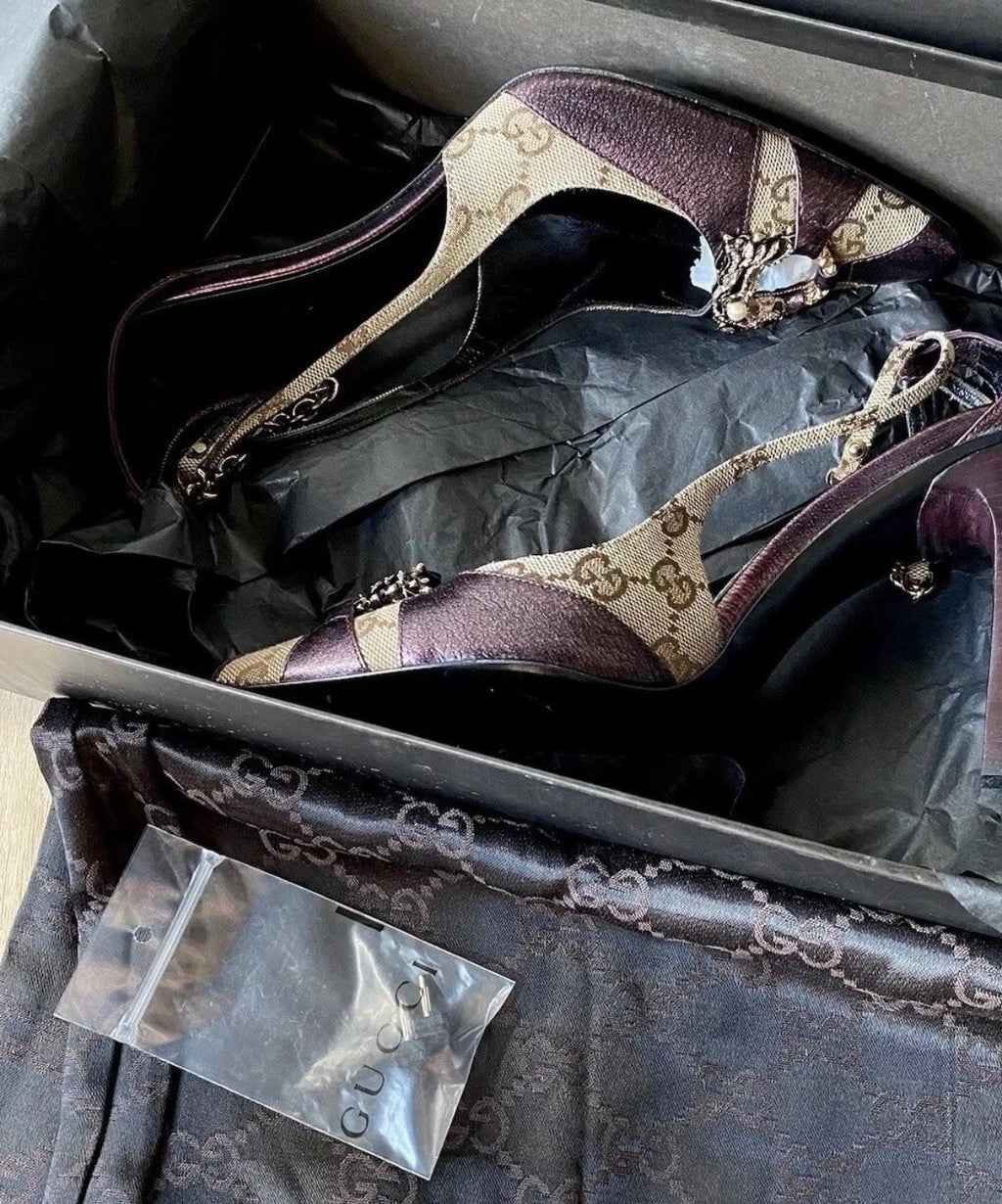 Gucci Dragon Heels Fall/2004 by Tom Ford Era Burgundy Leather GG Canvas Swarovski