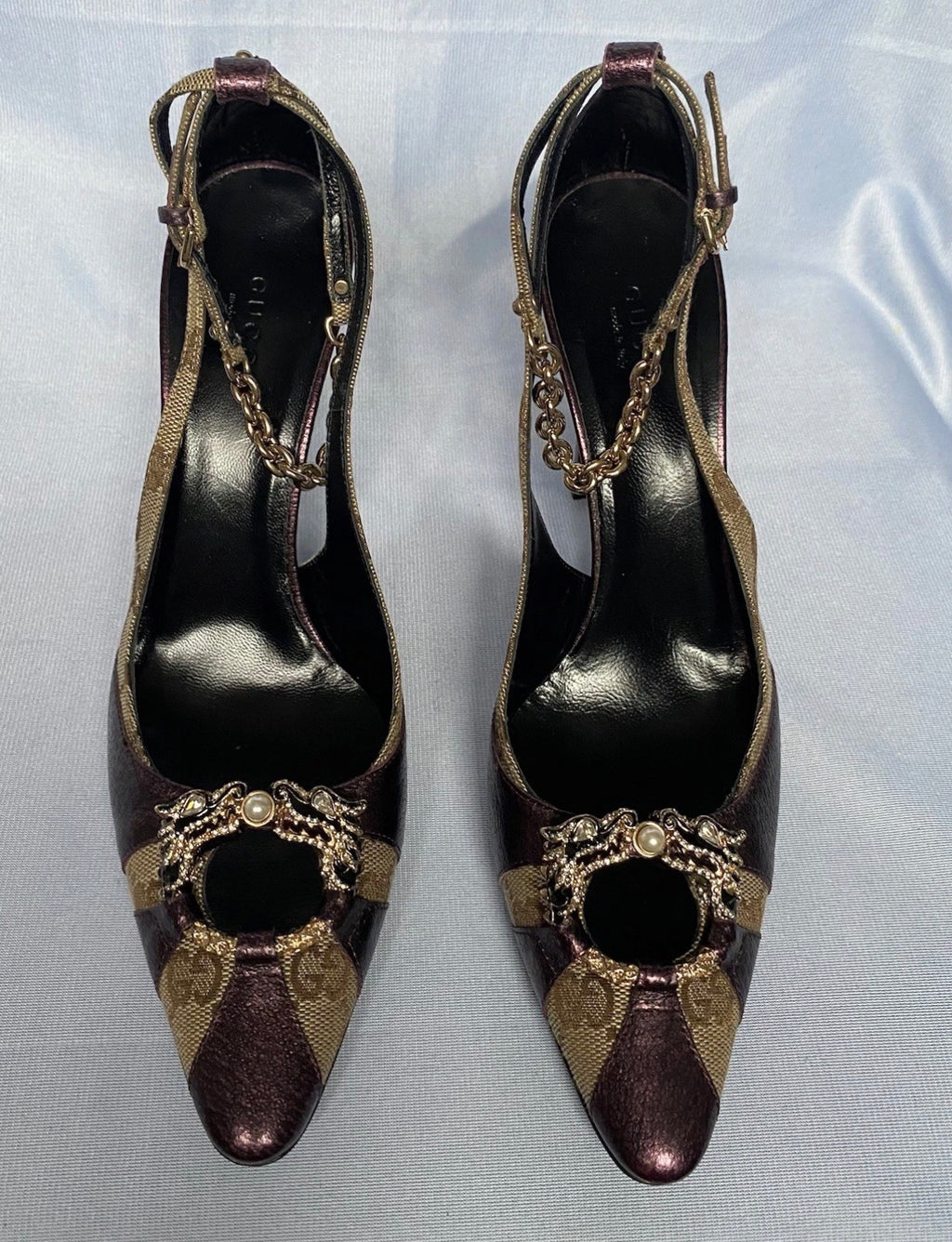 Gucci Dragon Heels Fall/2004 by Tom Ford Era Burgundy Leather GG Canvas Swarovski