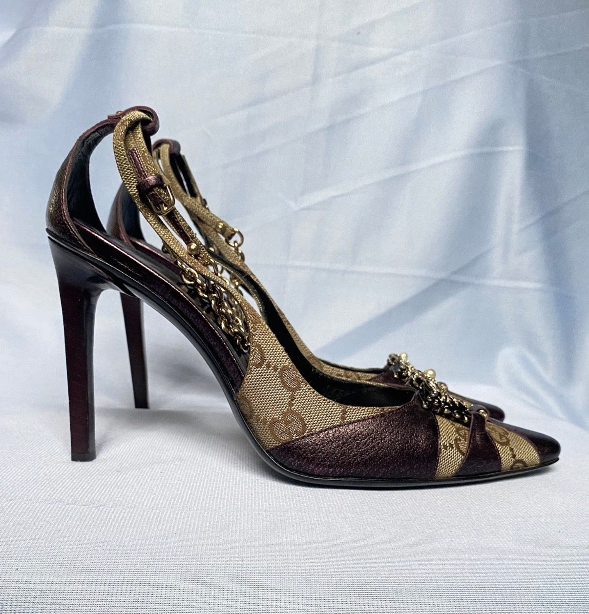 Gucci Dragon Heels Fall/2004 by Tom Ford Era Burgundy Leather GG Canvas Swarovski