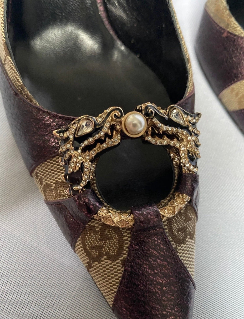 Gucci Dragon Heels Fall/2004 by Tom Ford Era Burgundy Leather GG Canvas Swarovski