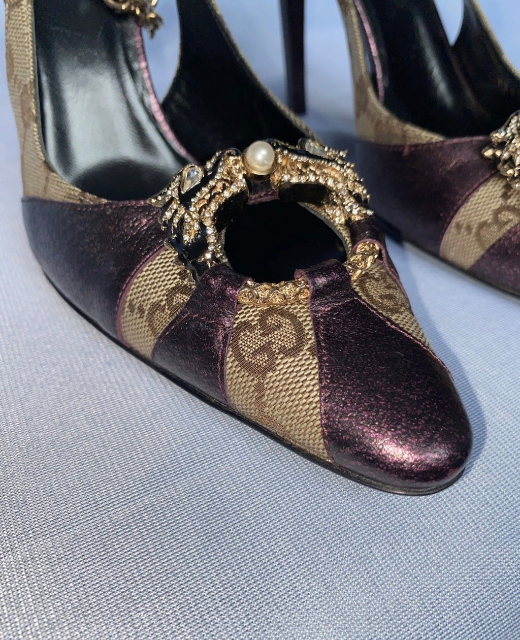 Gucci Dragon Heels Fall/2004 by Tom Ford Era Burgundy Leather GG Canvas Swarovski