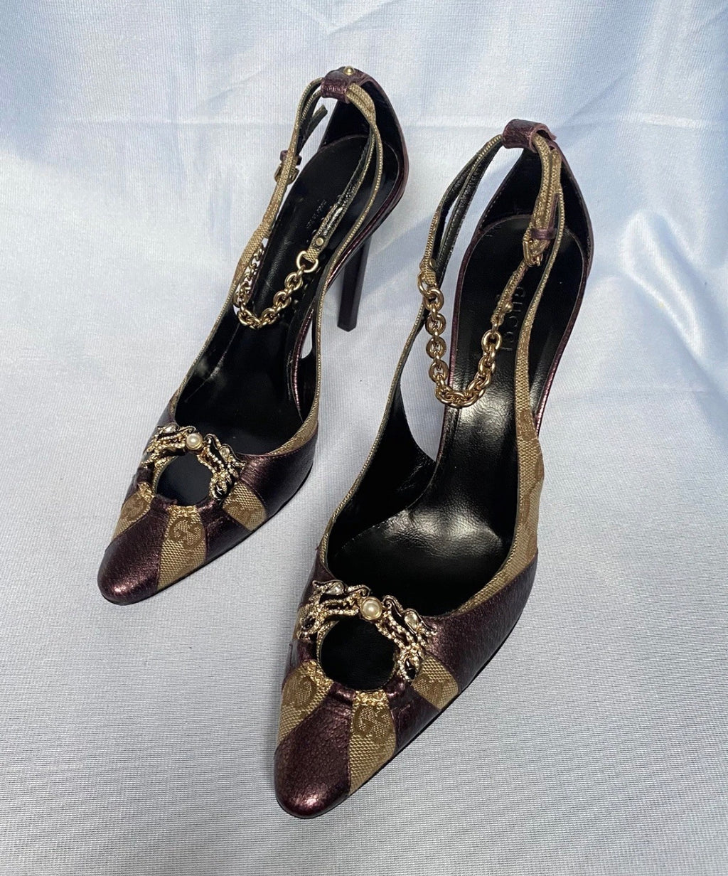 Gucci Dragon Heels Fall/2004 by Tom Ford Era Burgundy Leather GG Canvas Swarovski
