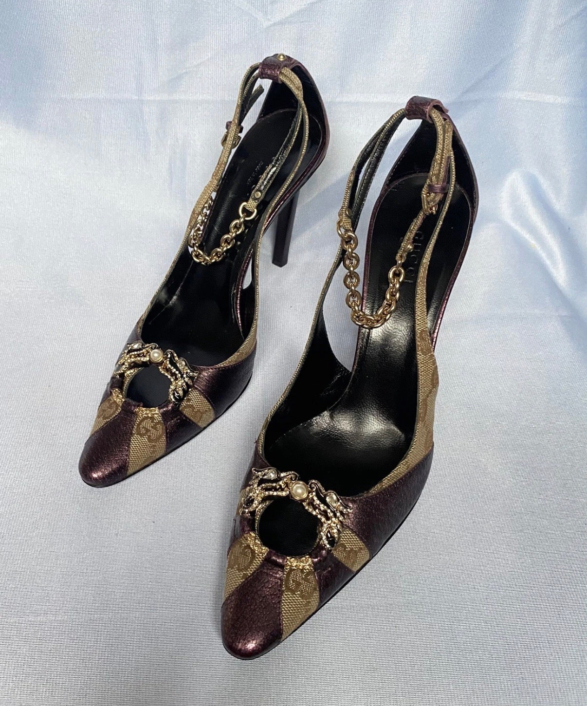 Gucci Dragon Heels Fall/2004 by Tom Ford Era Burgundy Leather GG Canvas Swarovski