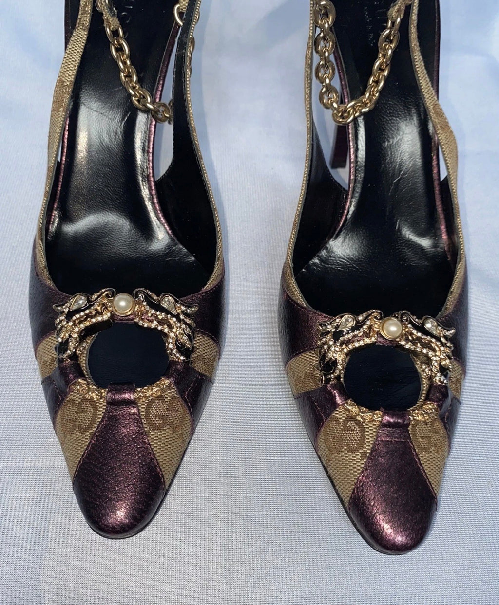 Gucci Dragon Heels Fall/2004 by Tom Ford Era Burgundy Leather GG Canvas Swarovski