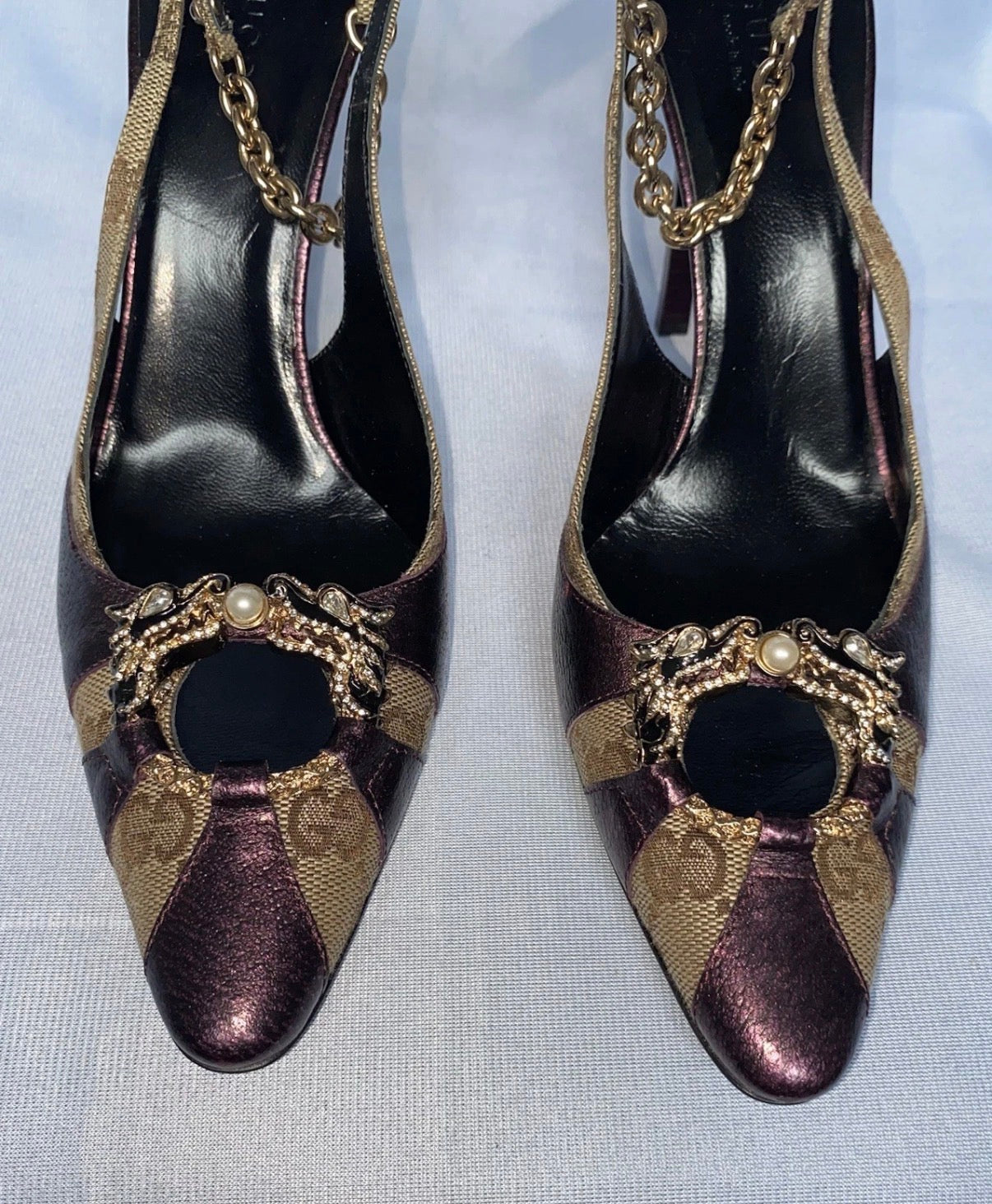 Gucci Dragon Heels Fall/2004 by Tom Ford Era Burgundy Leather GG Canvas Swarovski