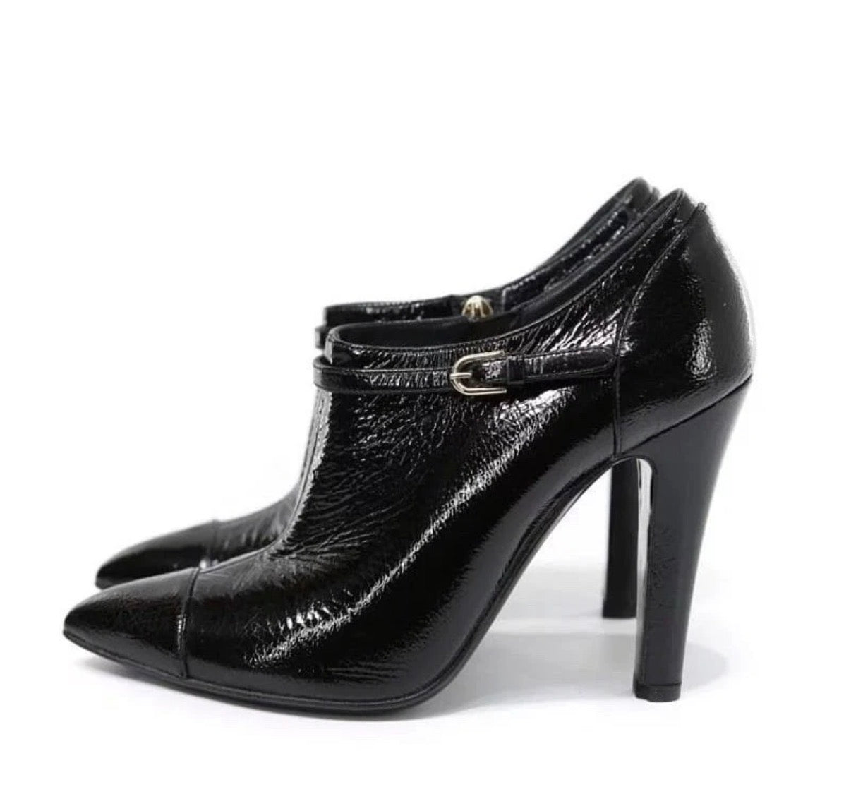 Chanel Vintage Black Ankle Bootie Patent Leather Pointed CC Mark High Heels 36.5EU