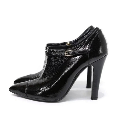 Chanel Vintage Black Ankle Bootie Patent Leather Pointed CC Mark High Heels 36.5EU