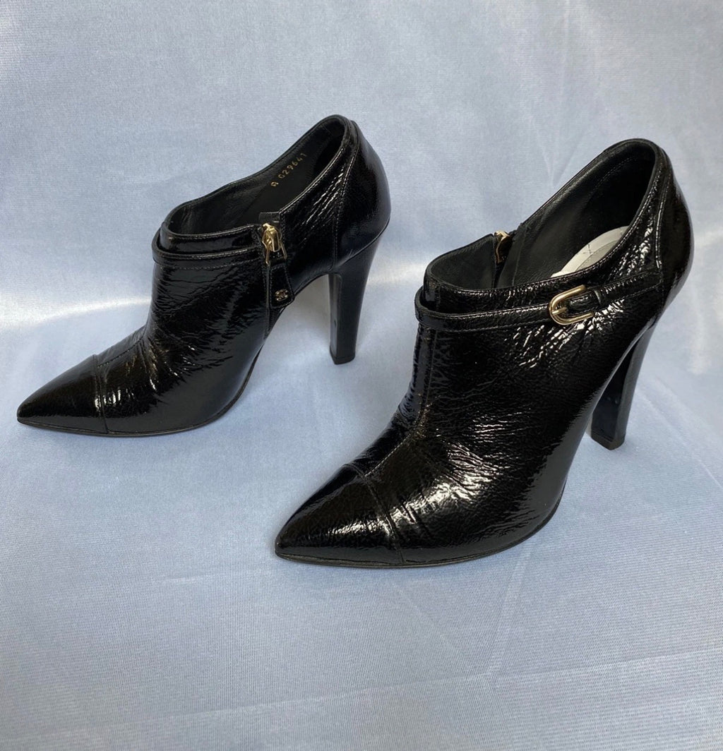 Chanel Vintage Black Ankle Bootie Patent Leather Pointed CC Mark High Heels 36.5EU