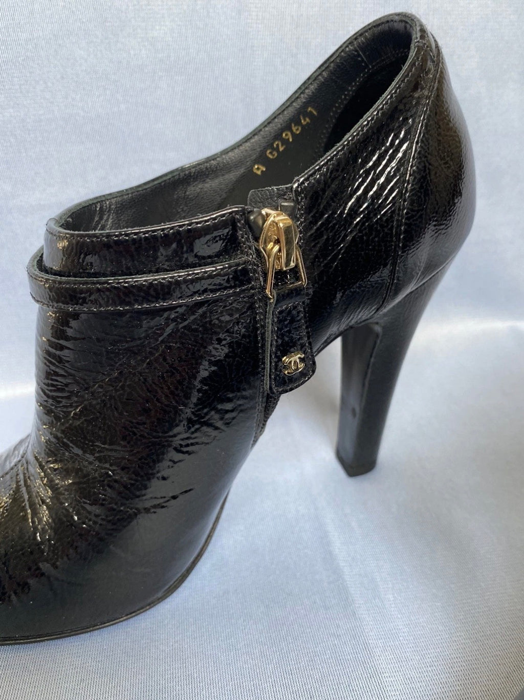 Chanel Vintage Black Ankle Bootie Patent Leather Pointed CC Mark High Heels 36.5EU