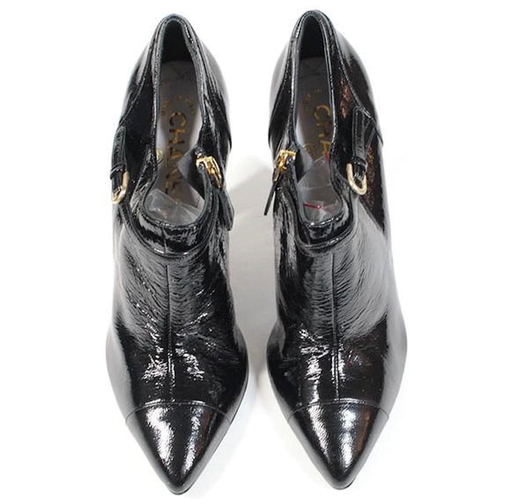 Chanel Vintage Black Ankle Bootie Patent Leather Pointed CC Mark High Heels 36.5EU