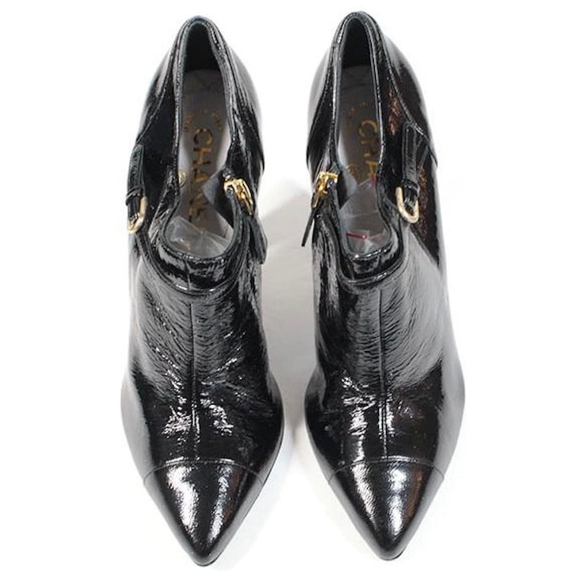 Chanel Vintage Black Ankle Bootie Patent Leather Pointed CC Mark High Heels 36.5EU