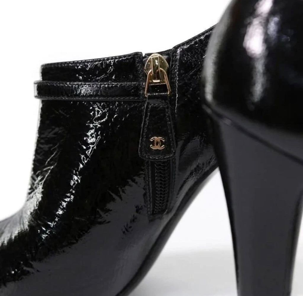 Chanel Vintage Black Ankle Bootie Patent Leather Pointed CC Mark High Heels 36.5EU