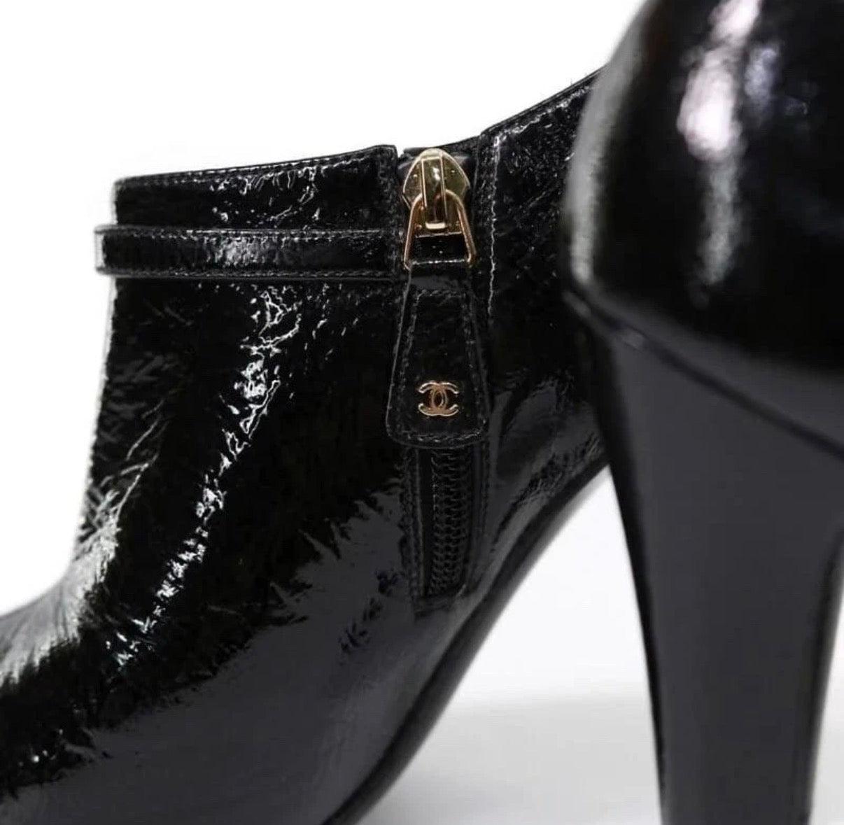 Chanel Vintage Black Ankle Bootie Patent Leather Pointed CC Mark High Heels 36.5EU