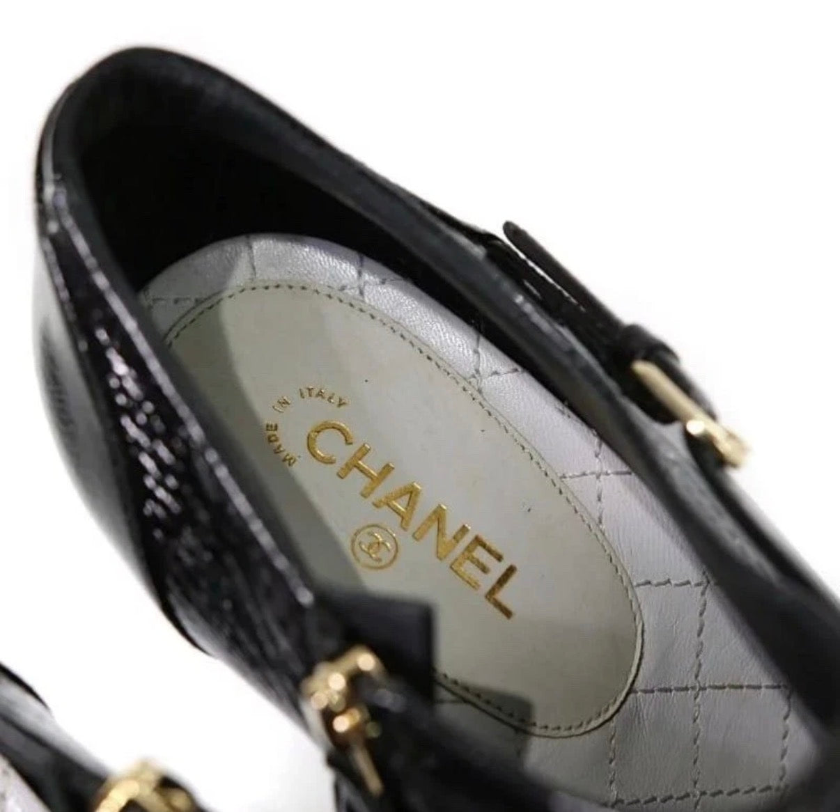 Chanel Vintage Black Ankle Bootie Patent Leather Pointed CC Mark High Heels 36.5EU