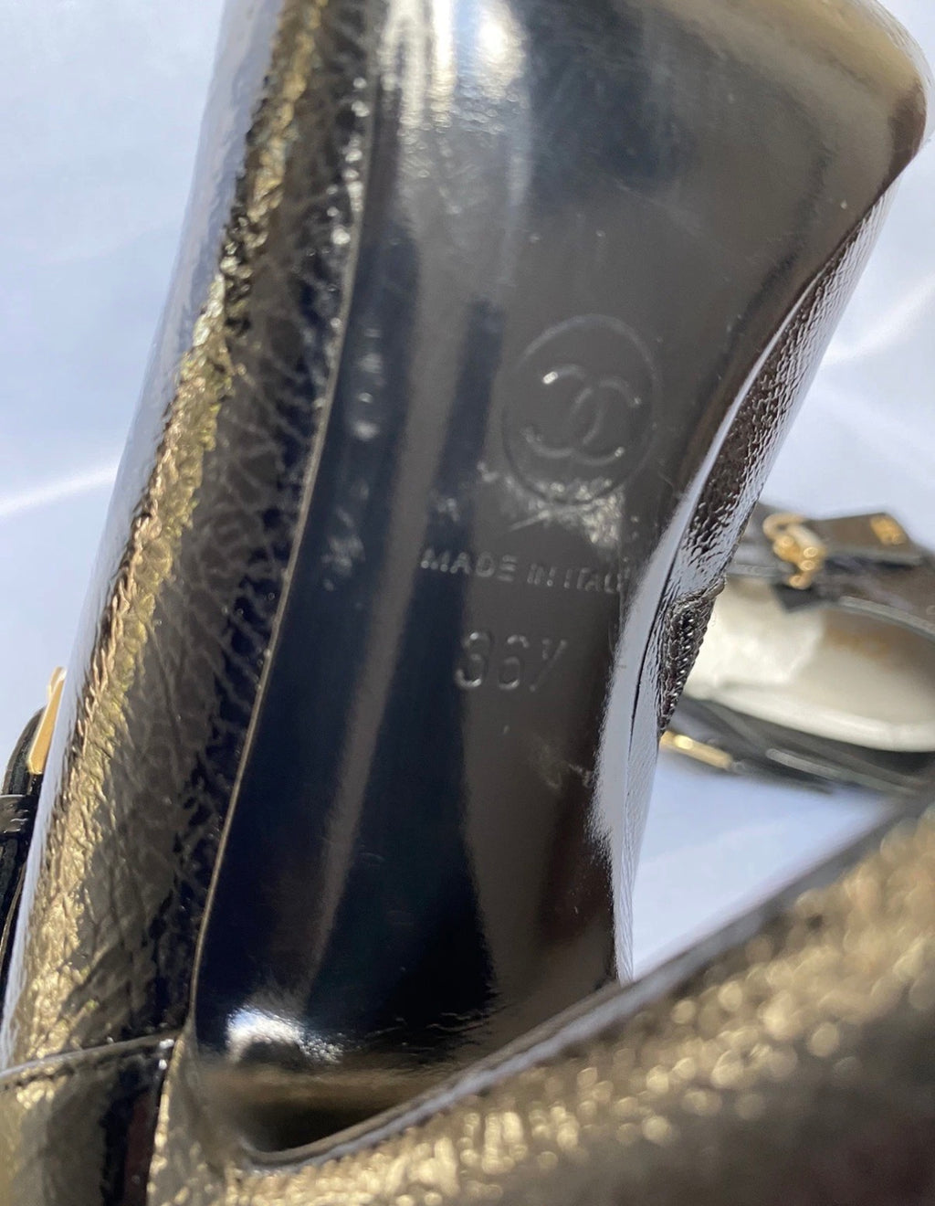 Chanel Vintage Black Ankle Bootie Patent Leather Pointed CC Mark High Heels 36.5EU