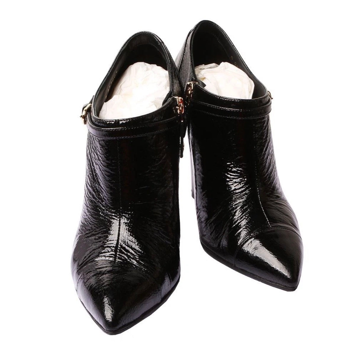 Chanel Vintage Black Ankle Bootie Patent Leather Pointed CC Mark High Heels 36.5EU
