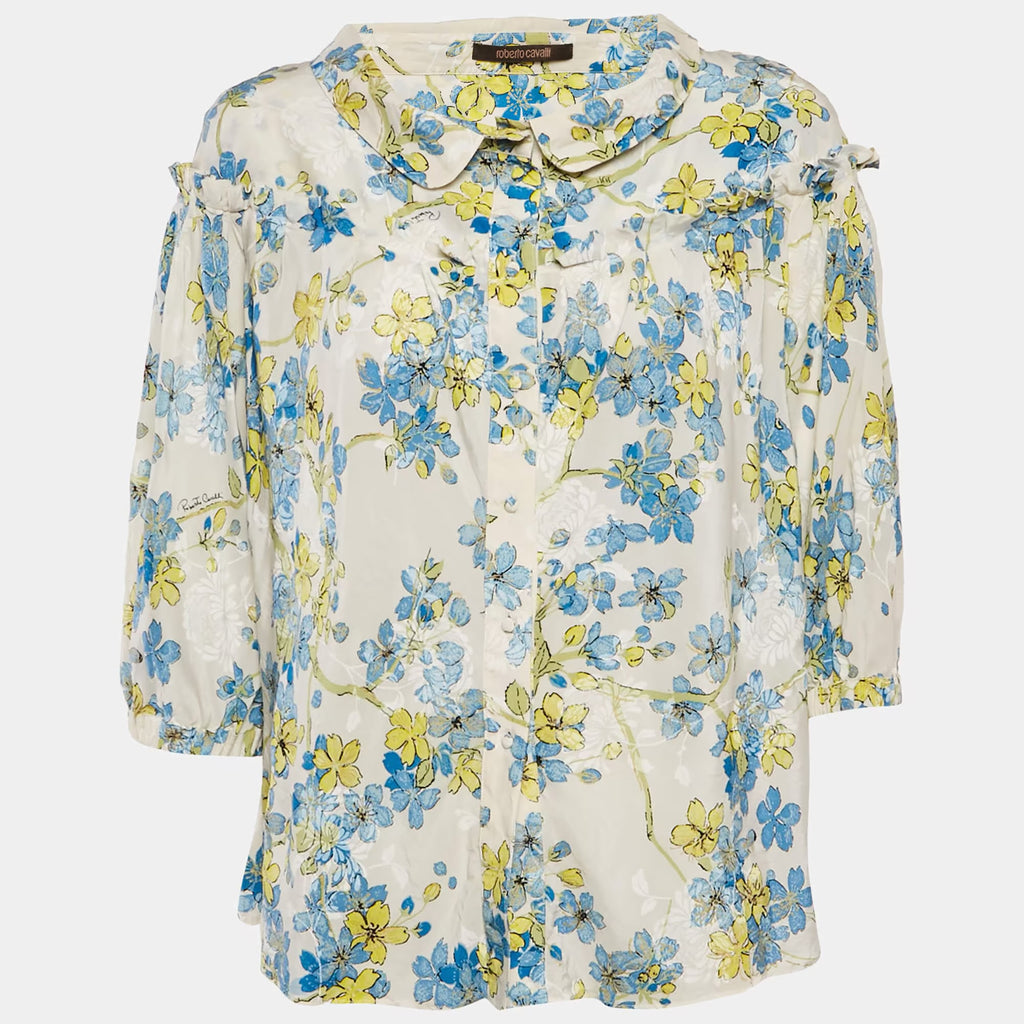 Roberto Cavalli 2000s Vintage Floral Blouse 100% Silk White Blue Green Cascade Ruffles 40IT