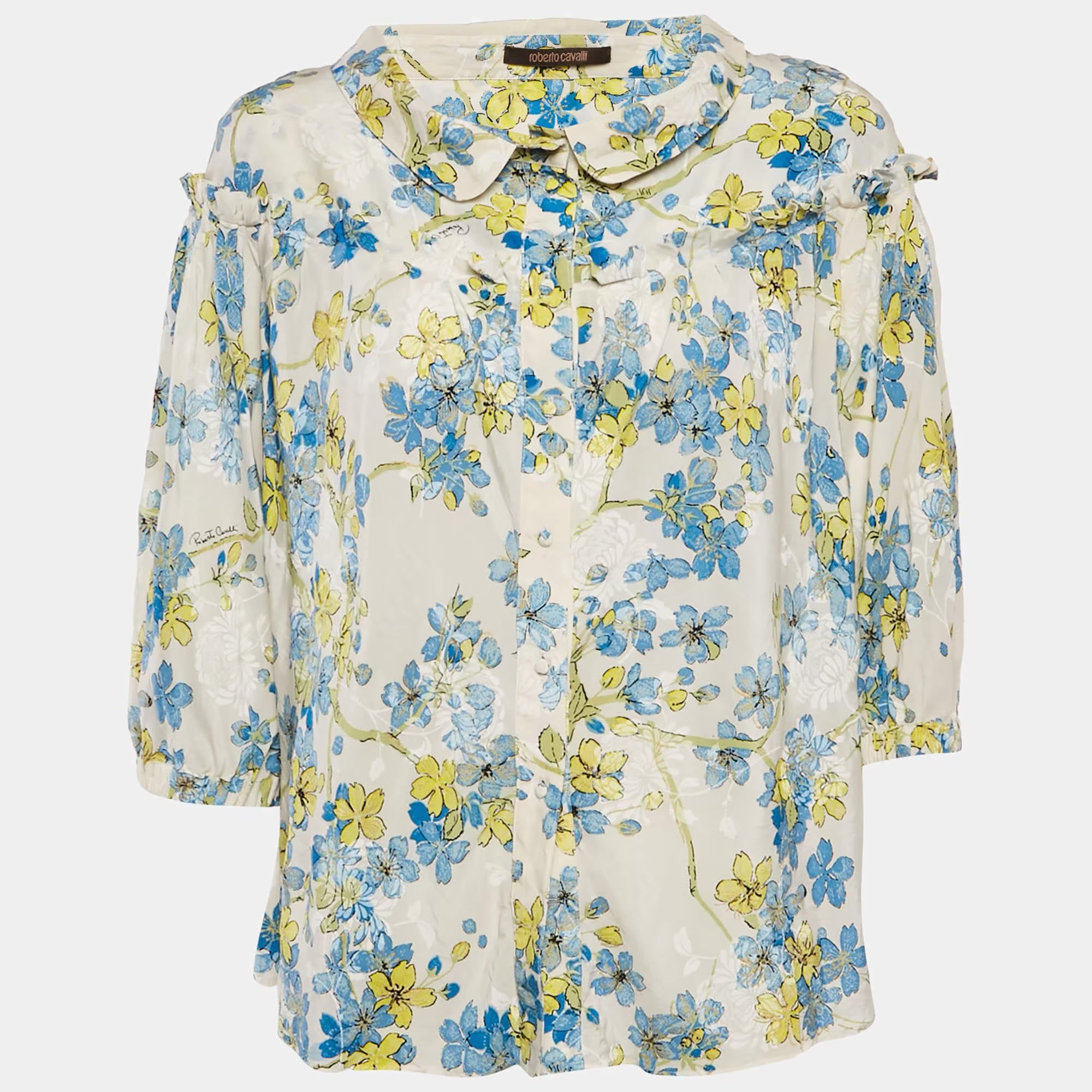Roberto Cavalli 2000s Vintage Floral Blouse 100% Silk White Blue Green Cascade Ruffles 40IT
