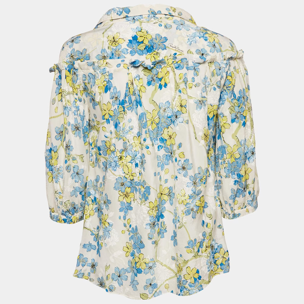 Roberto Cavalli 2000s Vintage Floral Blouse 100% Silk White Blue Green Cascade Ruffles 40IT