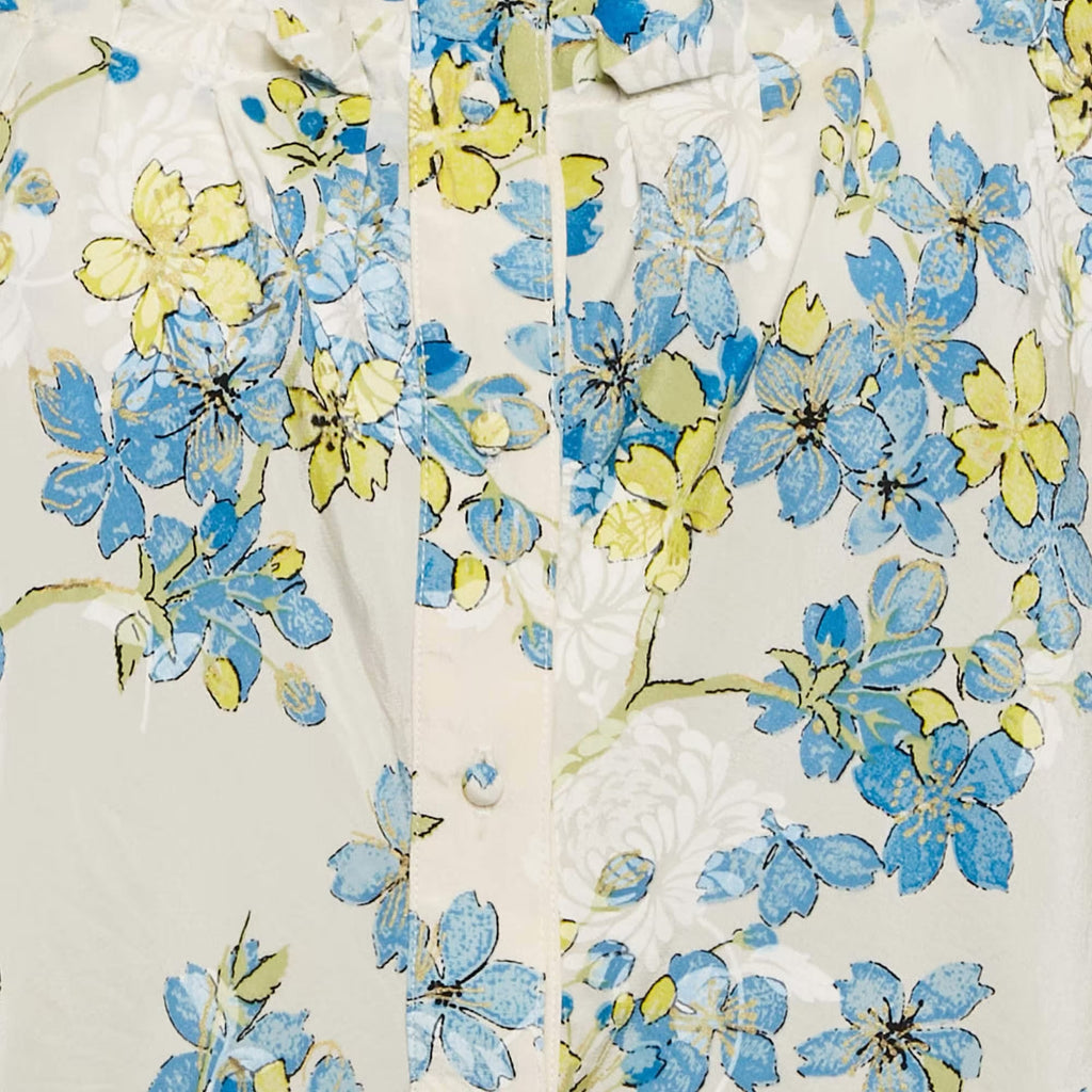 Roberto Cavalli 2000s Vintage Floral Blouse 100% Silk White Blue Green Cascade Ruffles 40IT
