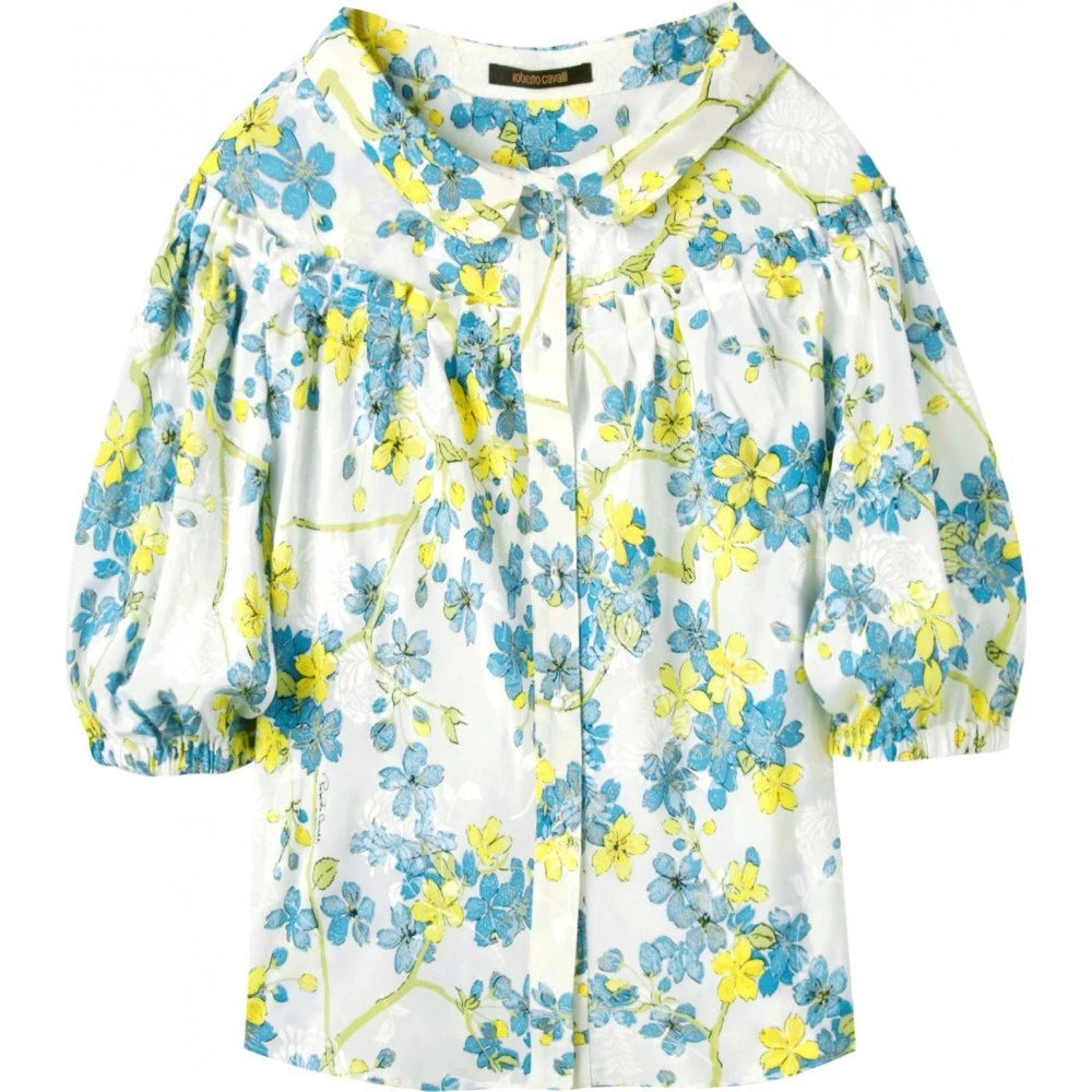 Roberto Cavalli 2000s Vintage Floral Blouse 100% Silk White Blue Green Cascade Ruffles 40IT