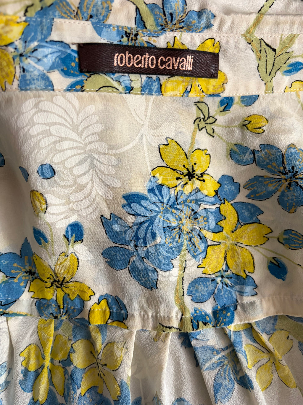 Roberto Cavalli 2000s Vintage Floral Blouse 100% Silk White Blue Green Cascade Ruffles 40IT
