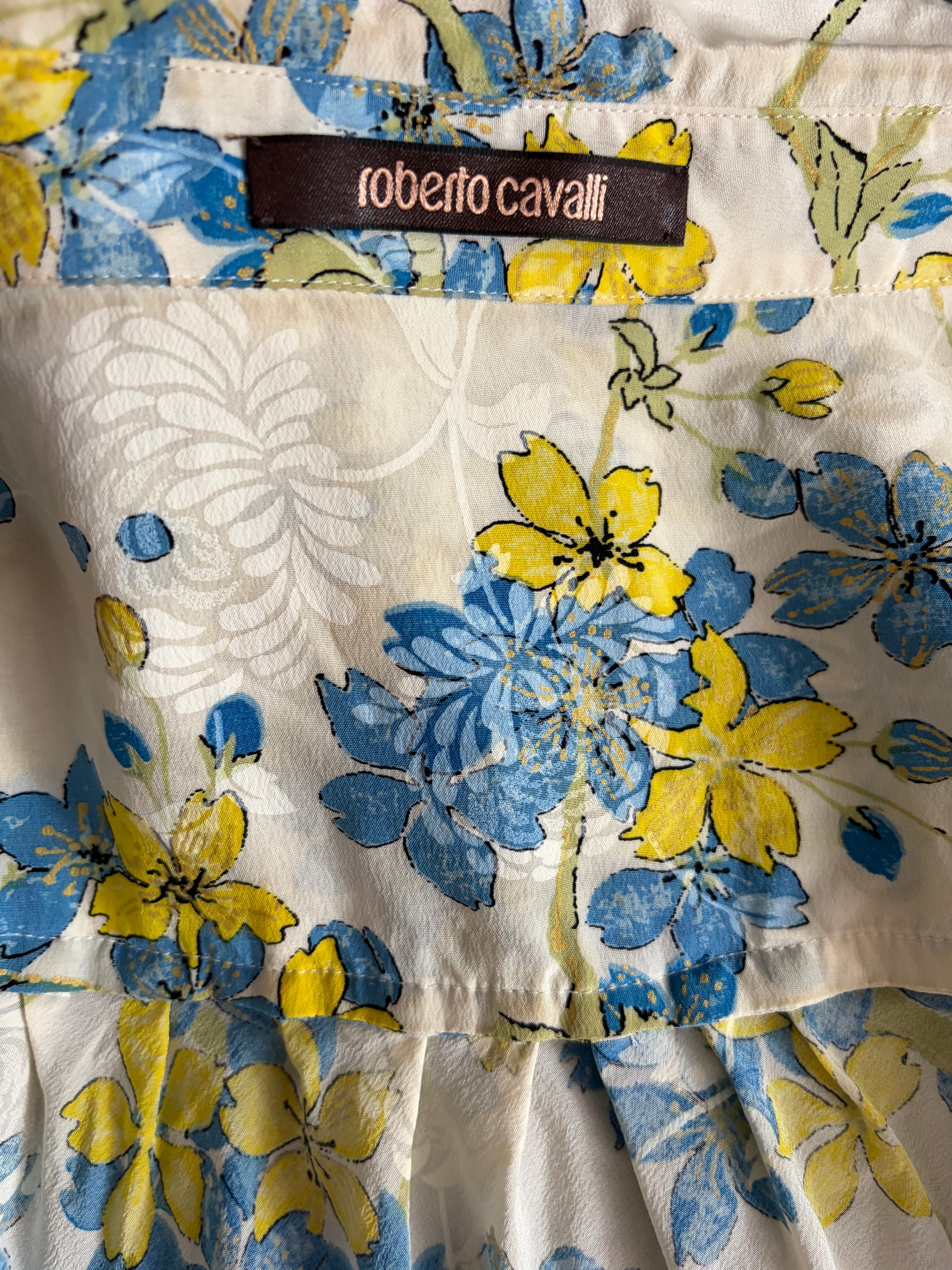 Roberto Cavalli 2000s Vintage Floral Blouse 100% Silk White Blue Green Cascade Ruffles 40IT