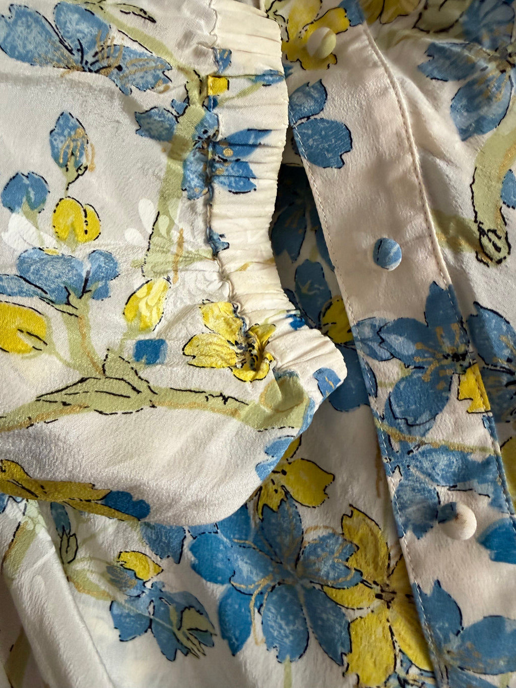 Roberto Cavalli 2000s Vintage Floral Blouse 100% Silk White Blue Green Cascade Ruffles 40IT